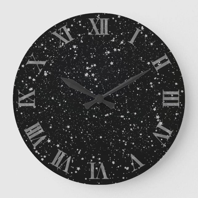 Glitzer Stars2 - Silver Black Große Wanduhr (Vorderseite)