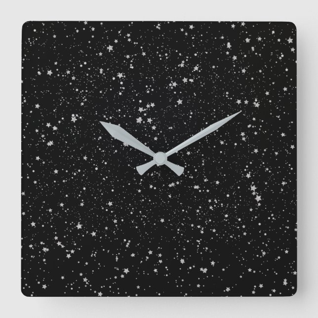 Glitzer Stars2 - Silver Black Quadratische Wanduhr (Vorderseite)
