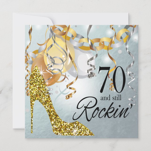 Glitzer Stiletto 70. Geburtstag | Silbergold Einladung (Vorderseite)