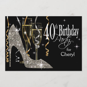 Glitzer Stiletto Champagne 40. Geburtstag Silber Einladung