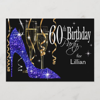 Glitzer Stiletto Champagne 60. Geburtstag Blau Einladung