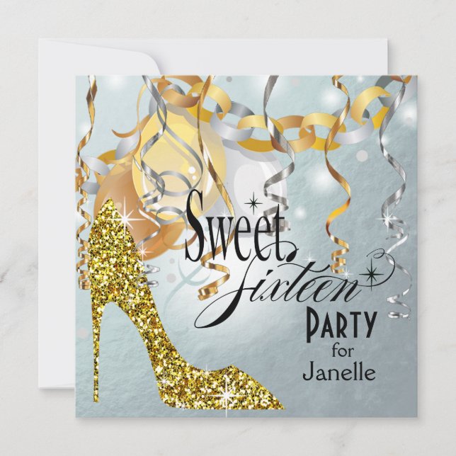 Glitzer Stiletto Silver Foil Sweet 16 Party Einladung (Vorderseite)