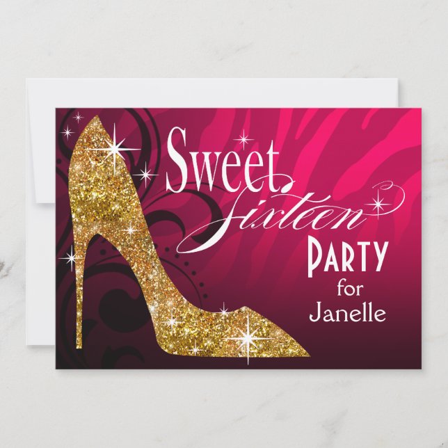 Glitzer Stiletto Zebra Süß 16 Party Fuschia Gold Einladung (Vorderseite)