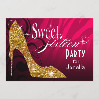 Glitzer Stiletto Zebra Süß 16 Party Fuschia Gold Einladung