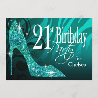 Glitzer-Stilettzebra-21. Geburtstag aquamarin Einladung