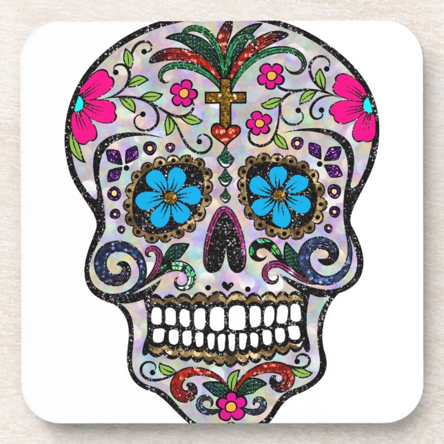 Glitzer Sugar Skull Getränkeuntersetzer (Vorderseite)