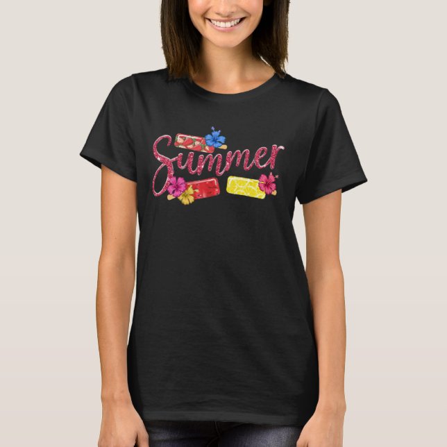 Glitzer Summer Ice Pops & Hibiskus Design T-Shirt (Vorderseite)