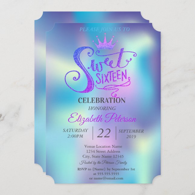 Glitzer Tiara Holographic Sweet 16 Party Einladung (Vorne/Hinten)