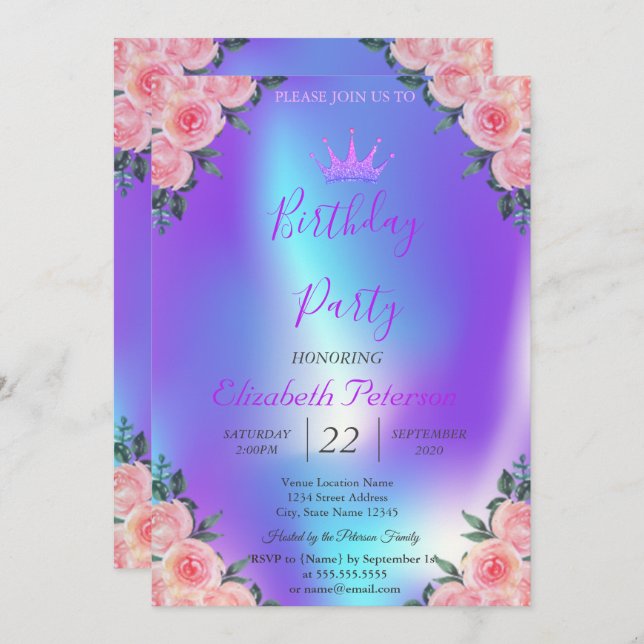 Glitzer Tiara Rose Ombre Holographic Birthday Einladung (Vorne/Hinten)