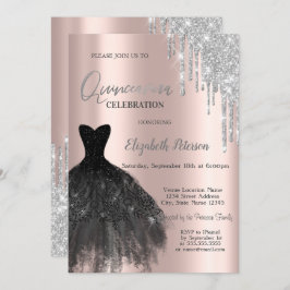 Glitzer Tropfen, Black Dress Rose Gold 15. Geburts Einladung