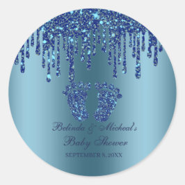 Glitzer Tropfen Blue Baby Feet Baby Shower Classic Runder Aufkleber
