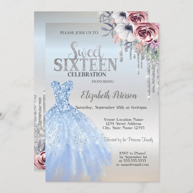 Glitzer Tropfen, Blue Dress Blume Silver Sweet 16 Einladung (Vorne/Hinten)