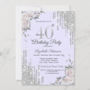 Glitzer Tropfen,Blume Lavander 40. Geburtstag Einladung