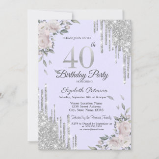 Glitzer Tropfen,Blume Lavander 40. Geburtstag Einladung