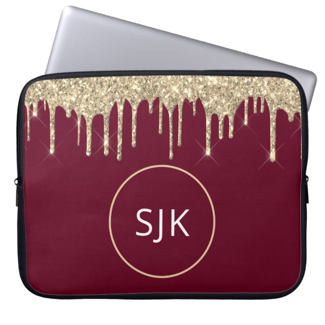 Glitzer Tropfen Burgundy Gold Girly Mit Monogramm Laptopschutzhülle (Vorderseite)