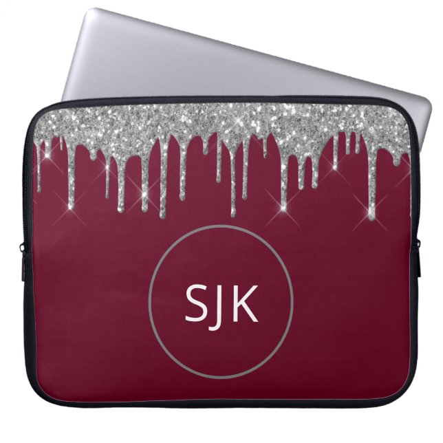 Glitzer Tropfen Burgundy Silver Girly Mit Monogram Laptopschutzhülle (Vorderseite)