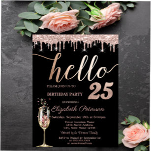 Glitzer Tropfen, Champagner Glass 25. Geburtstagsp Einladung