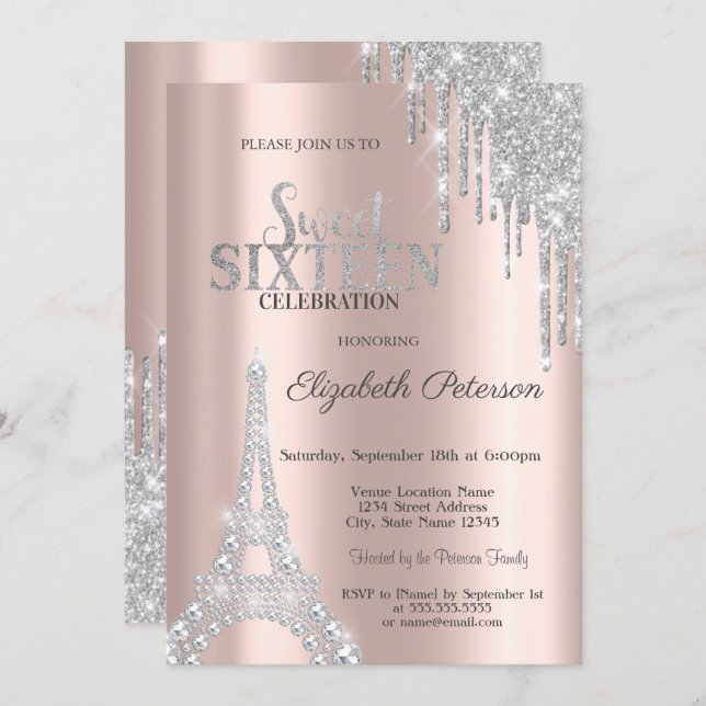 Glitzer-Tropfen, Diamonds Eiffelturm Sweet 16 Einladung (Vorne/Hinten)