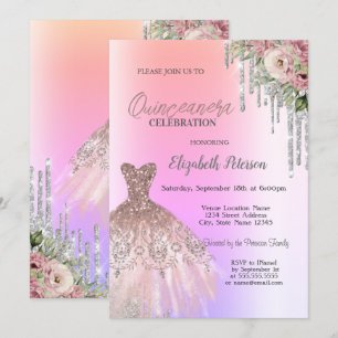 Glitzer Tropfen, Dress Blume Ombre Quinceanera Einladung
