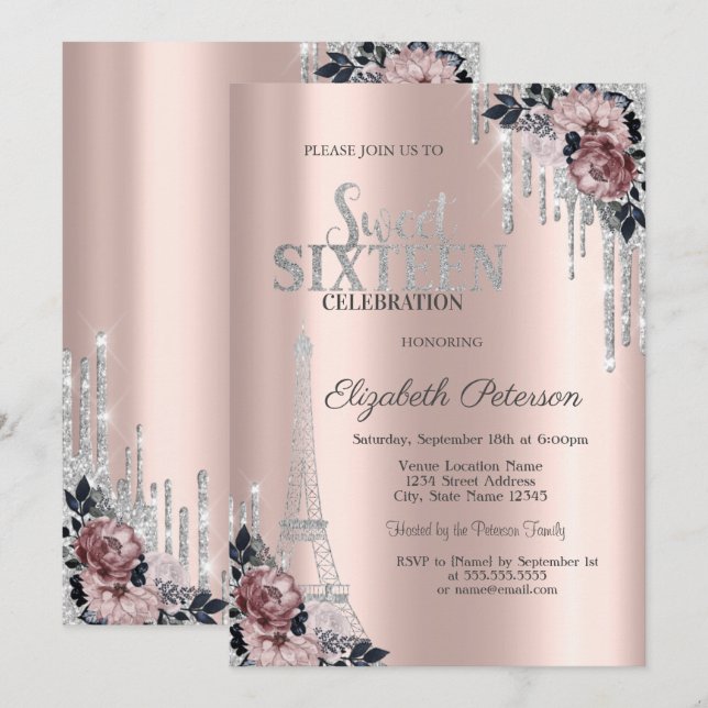 Glitzer Tropfen, Eiffelturm Blume Sweet 16 I Einladung (Vorne/Hinten)