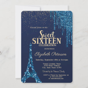 Glitzer-Tropfen, Eiffelturm Navy Blue Sweet 16 Einladung