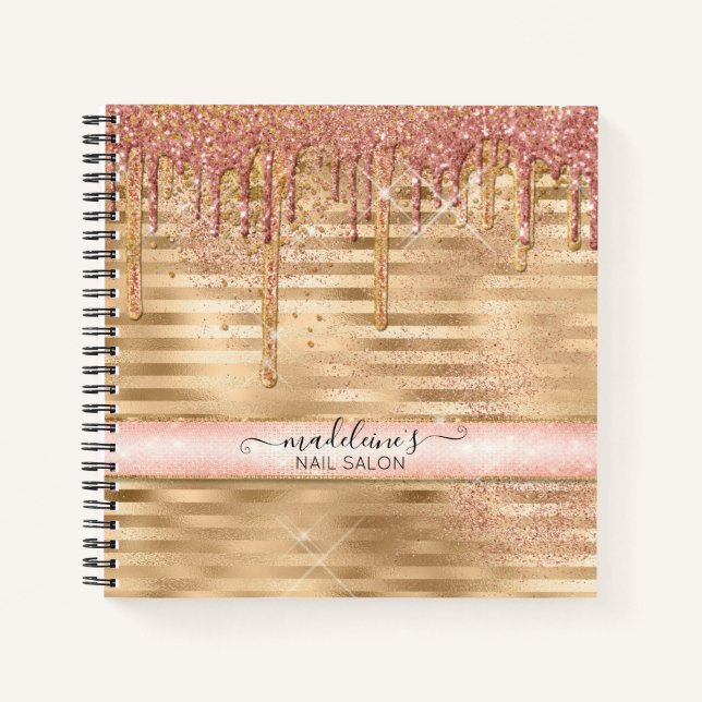 Glitzer Tropfen Girly Rose Gold Sparkinscript Name Notizbuch (Vorderseite)