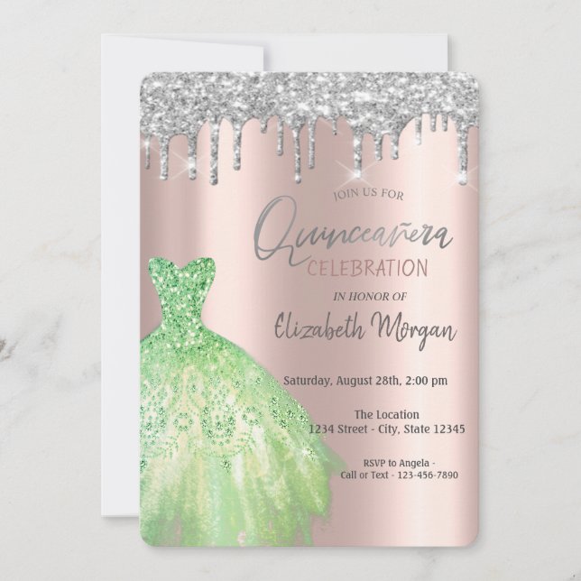 Glitzer Tropfen, Green Dress Rose Gold Quinceañera Einladung (Vorderseite)