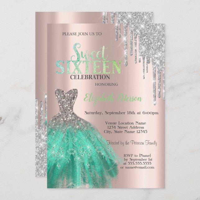 Glitzer Tropfen, Green Dress Rose Gold Sweet 16 Einladung (Vorne/Hinten)