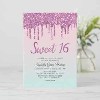 Glitzer Tropfen Holograph Pink Sweet 16 Geburtstag Einladung