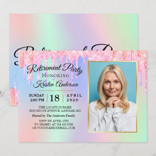 Glitzer Tropfen Holographic Gold Rentirement Party Einladung