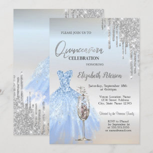 Glitzer-Tropfen, Kleid, Champagner-Glass Quinceañe Einladung