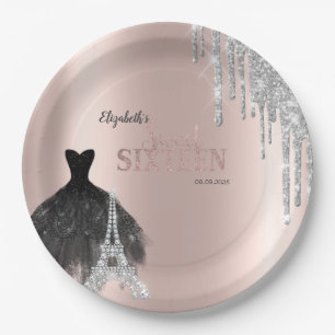 Glitzer Tropfen, Kleid, Eiffelturm Süß 16 Pappteller