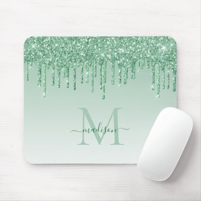 Glitzer Tropfen Mint Green Sparkle Monogram Elegan Mousepad (Mit Mouse)
