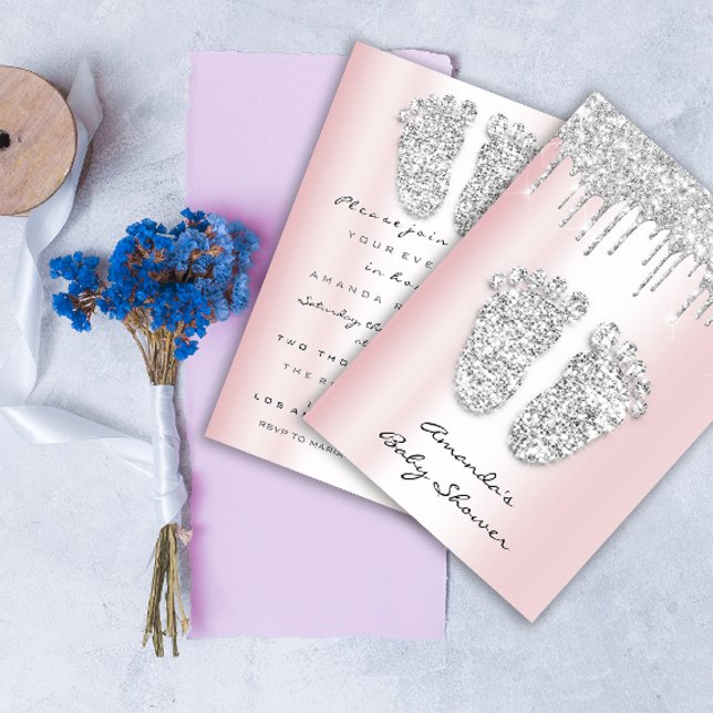 Glitzer Tropfen Pink Gray Baby Girl Duschvorhang Einladung (Glitter Drips Pink Gray Baby Girl Shower Feet Invitation)