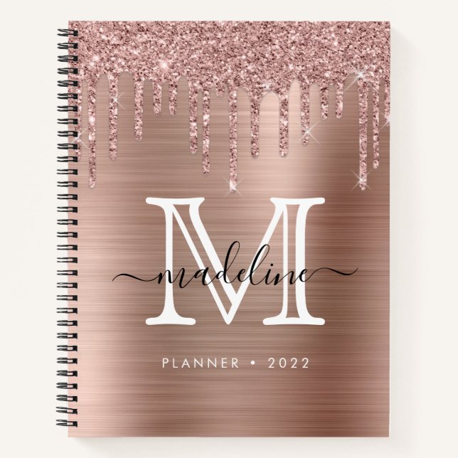 Glitzer-Tropfen Pinselmetall-Rose-Gold-Monogramm Notizbuch (Vorderseite)