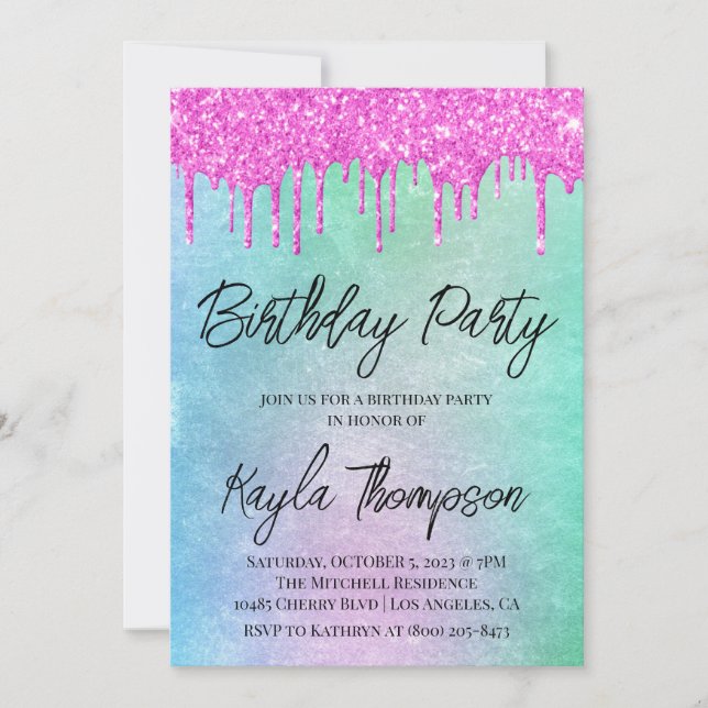 Glitzer Tropfen Rainbow Geburtstagsparty Einladung (Vorderseite)