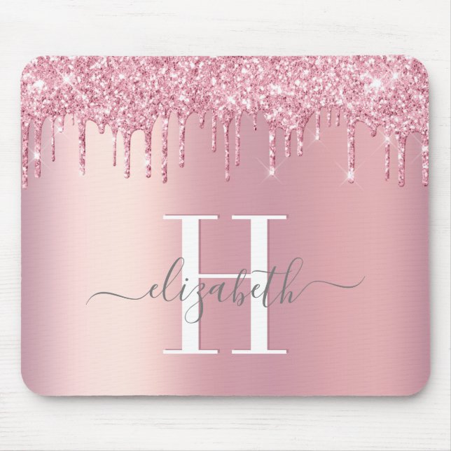 Glitzer-Tropfen rosa Monogramm Mousepad (Vorne)