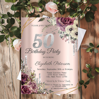 Glitzer Tropfen Rose Gold Floral 50. Geburtstag Einladung