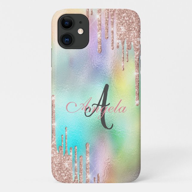 Glitzer Tropfen Rose Gold, Monogramm Holografie Case-Mate iPhone Hülle (Rückseite)