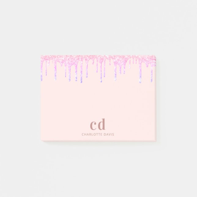Glitzer Tropfen Rose Gold Rosa Glam Monogramm Luxu Post-it Klebezettel (Vorderseite)