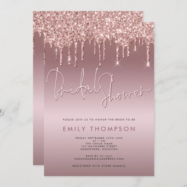 Glitzer Tropfen Rose Gold Script Brautparty Einladung (Vorne/Hinten)