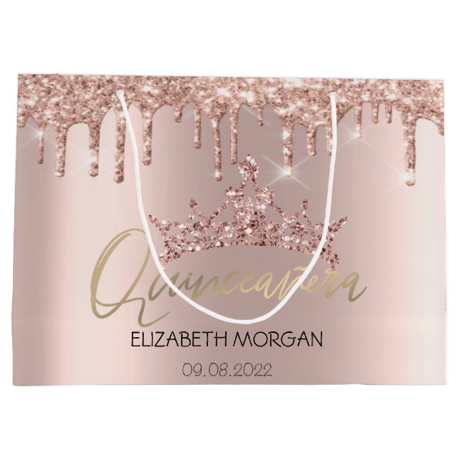 Glitzer Tropfen Rosen Gold Tiara Quinceañera Große Geschenktüte (Rückseite)