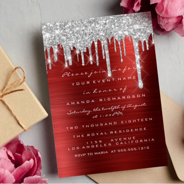 Glitzer Tropfen Silver Red Ruby Bridal Sweet 16. Einladung (Glitter Drips Silver Red Ruby Bridal Sweet 16th Invitation)