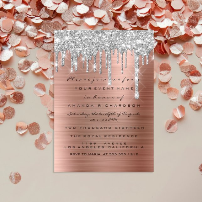 Glitzer Tropfen Silver Rose Gold Bridal Sweet 16. Einladung (Glitter Drips Silver Rose Gold Bridal Sweet 16th Invitation)