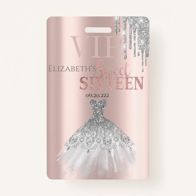 Glitzer Tropfen, Siolver Dress Rose Gold Sweet 16 Ausweis (Vorderseite)