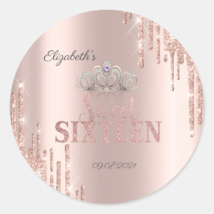 Glitzer Tropfen Tiara Rose Gold Sweet 16 Runder Aufkleber