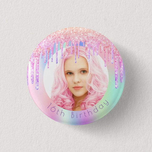 Glitzer Tropfen zum Geburtstag Foto Rosa Button (Vorderseite)