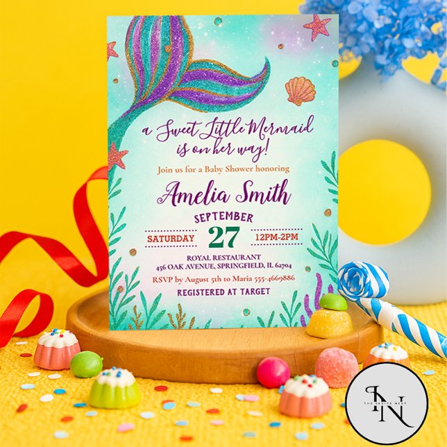 Glitzer Turquoise Baby Girl Mermaid Baby Showroom Einladung (Mermaid baby Shower invitation)