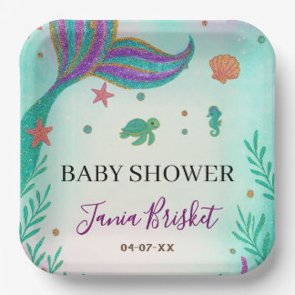 Glitzer Turquoise Mermaid Babydusche Pappteller