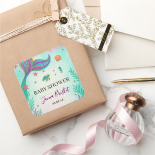 Glitzer Turquoise Mermaid Babydusche Quadratischer Aufkleber